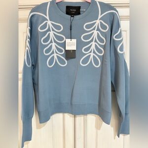 NWT SZ L Aleeza Paris Dusty Blue Crewneck Sweater with White Rope Embroidery